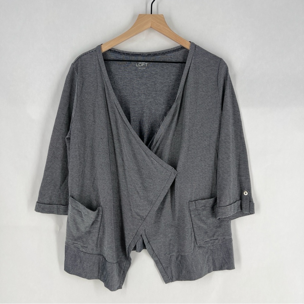 LOFT Navy & White Striped Crossover Wrap 3/4 Sleeve Lightweight‎ Shacket Size S